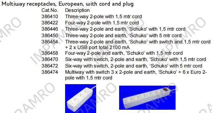 386446 Multiway receptacles, European, with cord and plug