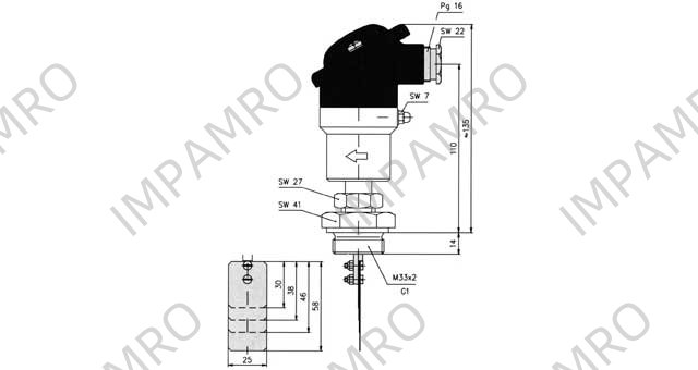 SWITCH LIQUID FLOW PADDLE TYPE, THREAD M33X2 MALE VH500NM DN50