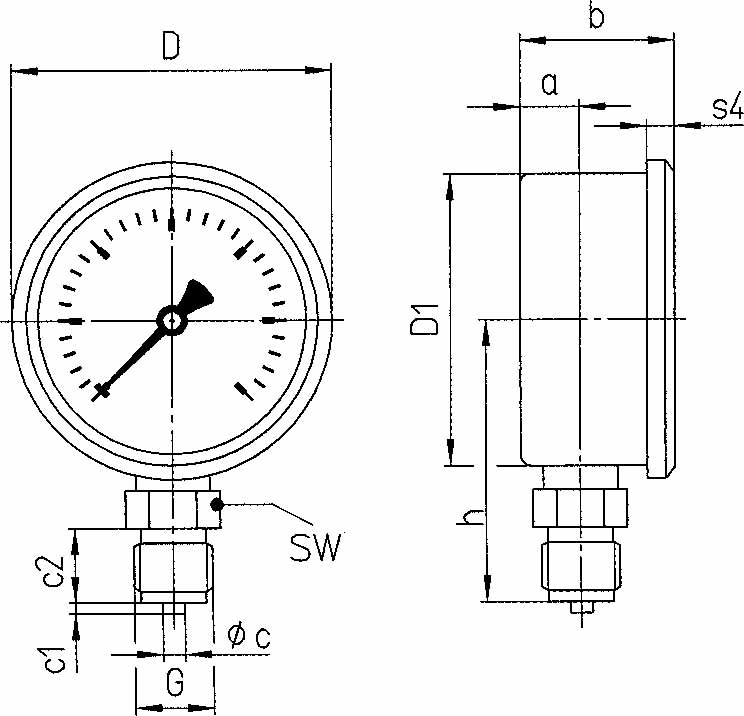 653146 - 甘油压力表，底部直接连接，量程 0~600BAR，表盘63mm，接口G1/4"