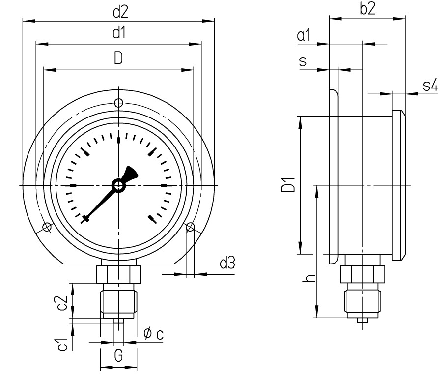 653166 - 甘油压力表，底部后部连接，量程 0~6BAR，表盘63mm，接口G1/4"